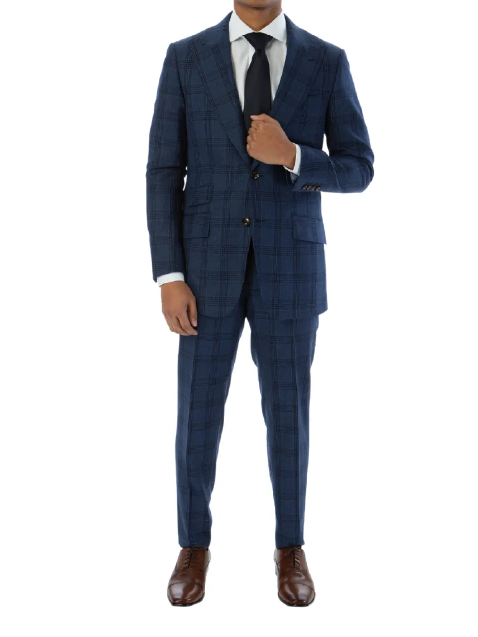 Sartoria Mazara Mens Slim Fit Navy Blue With Burgundy Check 100% Wool Suit With Peak Lapels