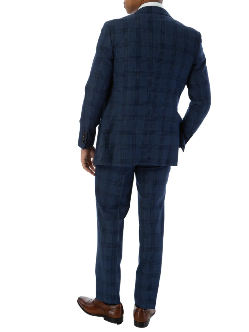 Sartoria Mazara Mens Slim Fit Navy Blue With Burgundy Check 100% Wool Suit With Peak Lapels