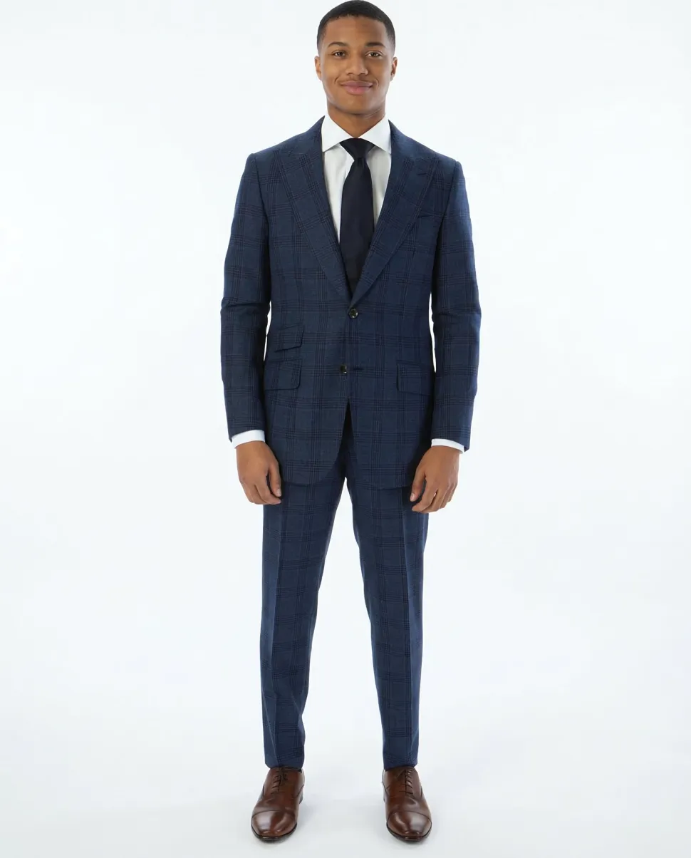 Sartoria Mazara Mens Slim Fit Navy Blue With Burgundy Check 100% Wool Suit With Peak Lapels