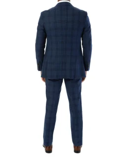 Sartoria Mazara Mens Slim Fit Navy Blue With Burgundy Check 100% Wool Suit With Peak Lapels
