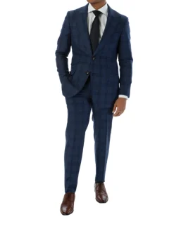 Sartoria Mazara Mens Slim Fit Navy Blue With Burgundy Check 100% Wool Suit With Peak Lapels