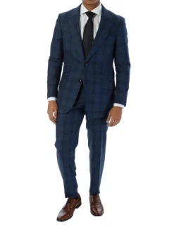 Sartoria Mazara Mens Slim Fit Navy Blue With Burgundy Check 100% Wool Suit With Peak Lapels