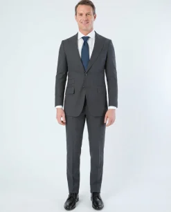 Sartoria Mazara Mens Slim Fit Charcoal Gray With Blue Check 100% Wool Suit With Peak Lapels
