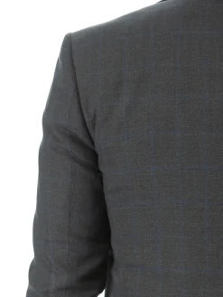 Sartoria Mazara Mens Slim Fit Charcoal Gray With Blue Check 100% Wool Suit With Peak Lapels
