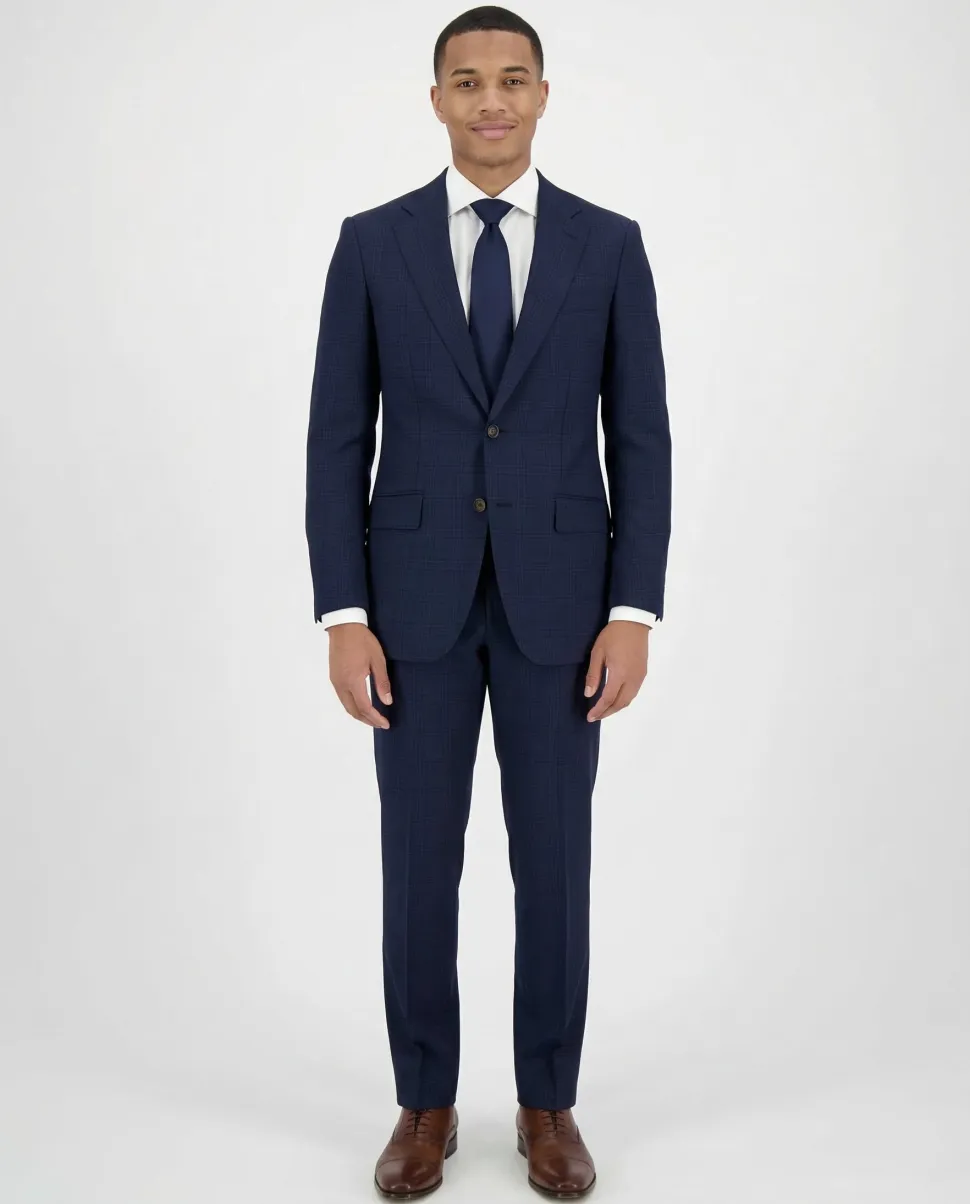 Sartoria Mazara Mens Slim Fit Blue Plaid 100% Wool 2 Piece Suit