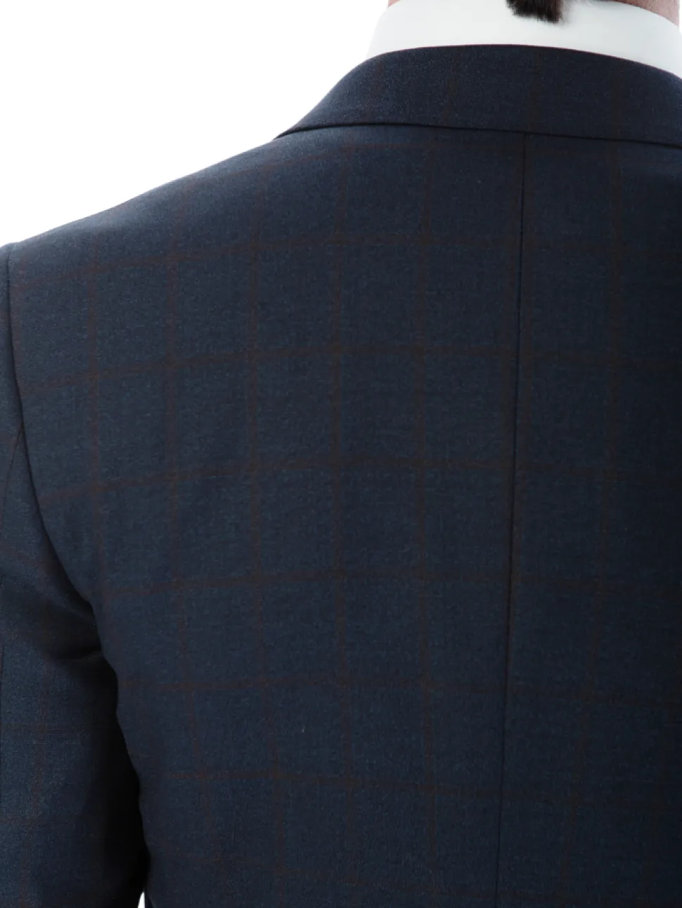 Sartoria Mazara Mens Slim Fit Navy Blue & Brown Check 100% Wool 2 Piece Suit
