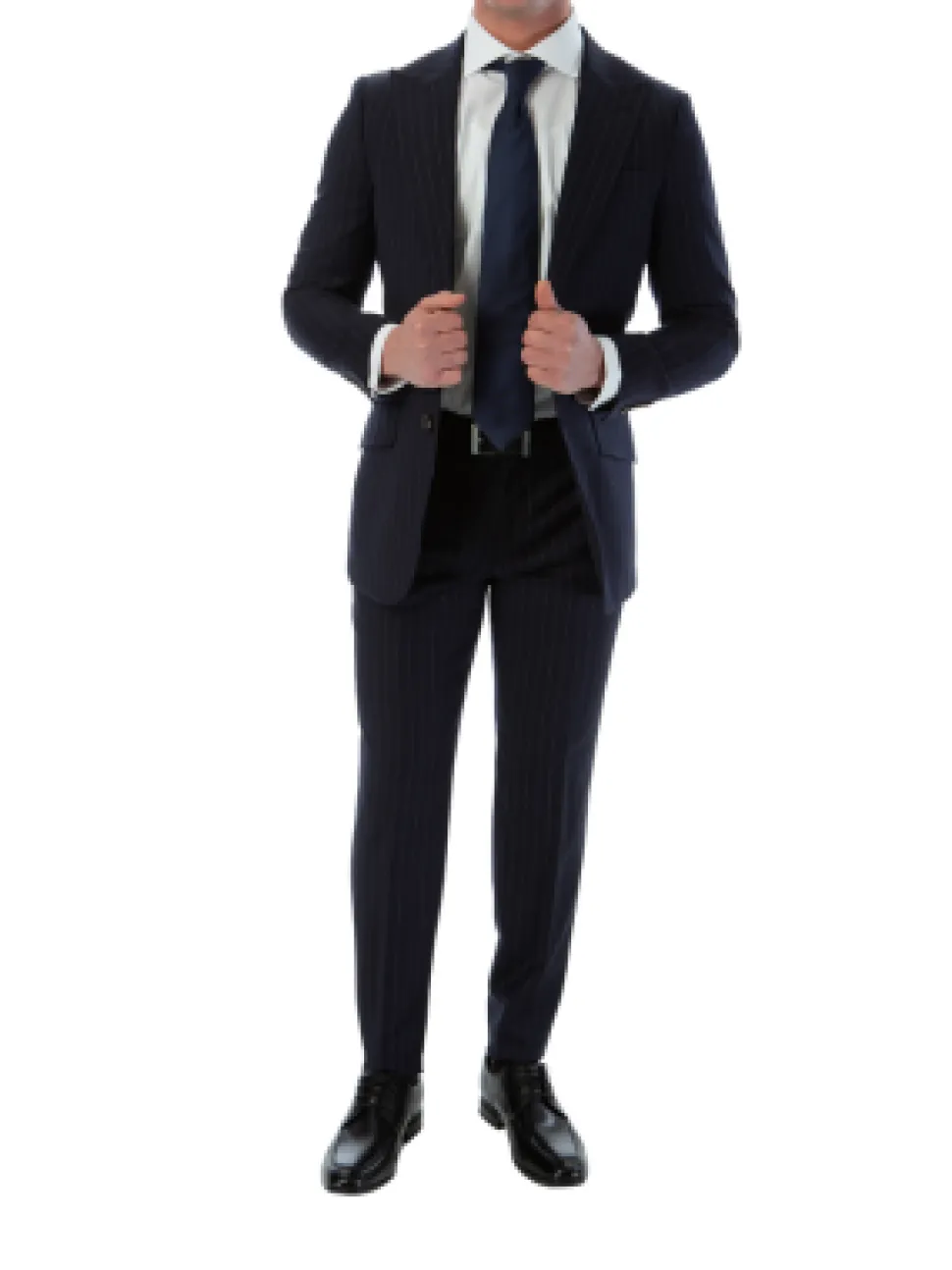 Sartoria Mazara Mens Slim Fit Navy Blue & Gray Pinstriped 100% Wool Suit With Peak Lapels
