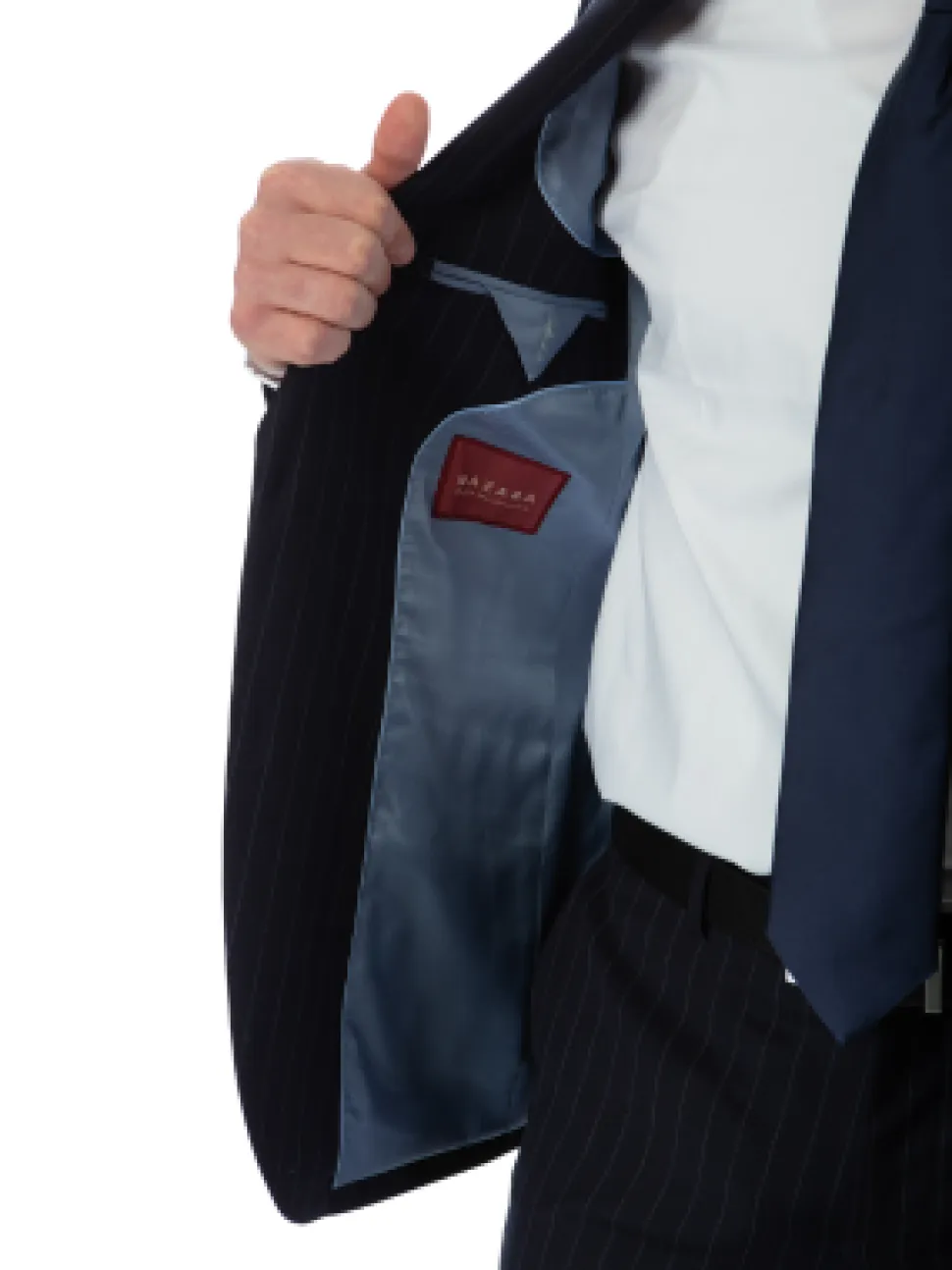 Sartoria Mazara Mens Slim Fit Navy Blue & Gray Pinstriped 100% Wool Suit With Peak Lapels