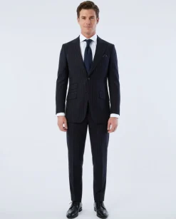 Sartoria Mazara Mens Slim Fit Navy Blue & Gray Pinstriped 100% Wool Suit With Peak Lapels