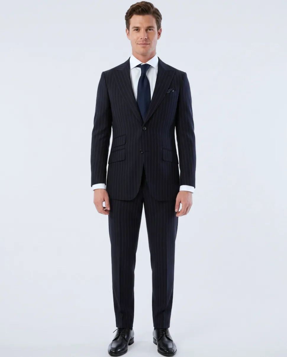 Sartoria Mazara Mens Slim Fit Navy Blue & Gray Pinstriped 100% Wool Suit With Peak Lapels