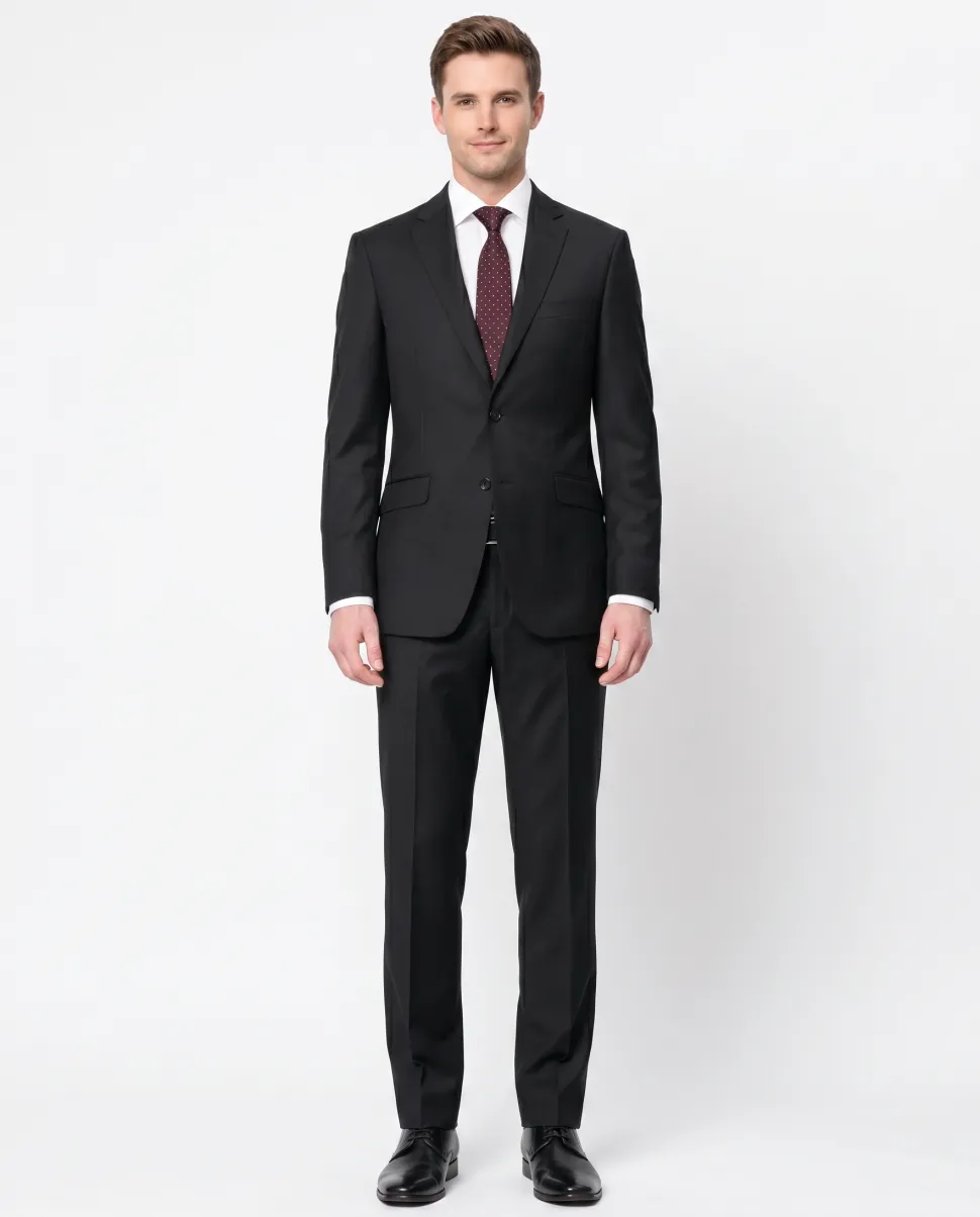 Sartoria Mazara Solid Black Slim Fit Notch Lapel Wrinkle Resistant 2-Button Wool Suit