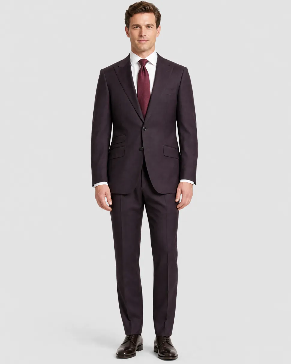 Sartoria Mazara Solid Burgundy Wool Classic Fit Peak Lapels 2 Button Suit