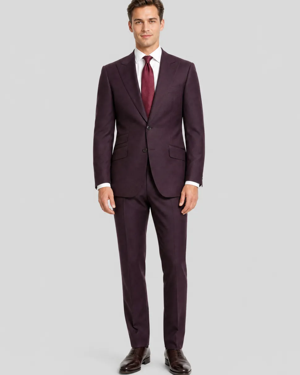 Sartoria Mazara Solid Burgundy Wool Peak Lapels Slim Fit 2 Button Suit