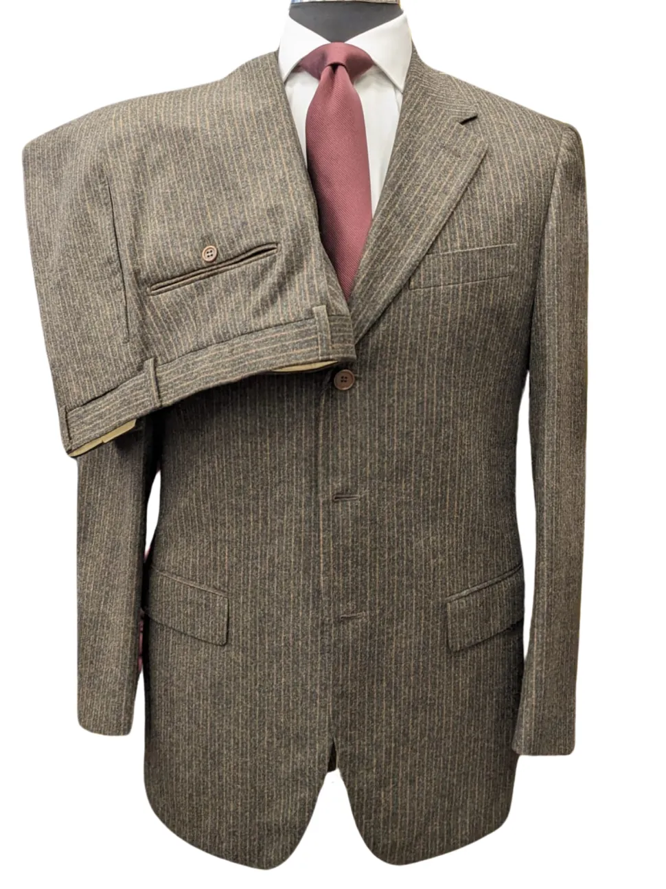 Sartoria Partenopea Mens 40L Brown Pinstriped 3 Button 2 Piece 100% Wool Suit