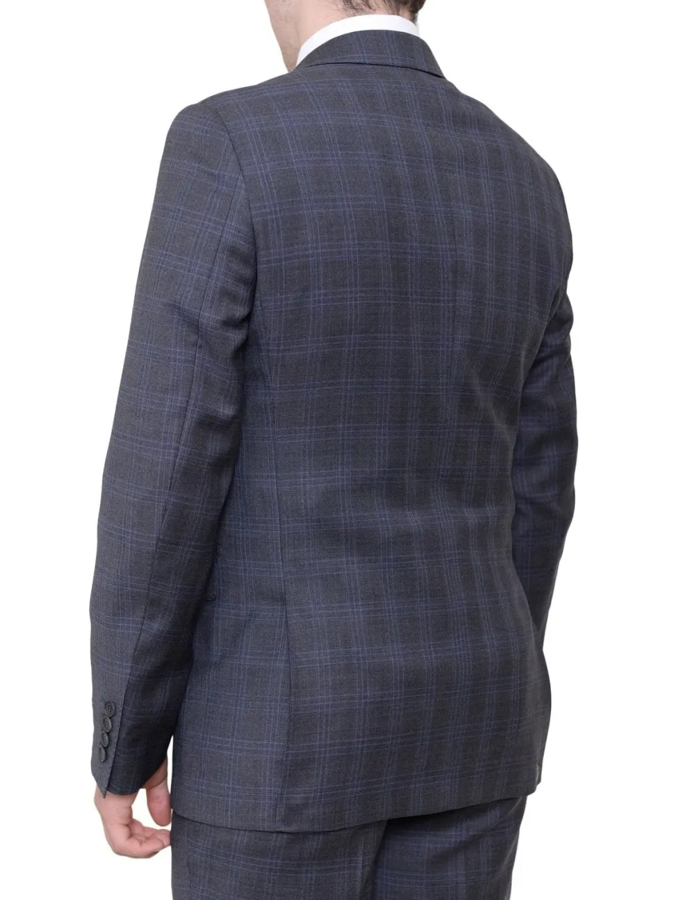 Slim Fit Gray With Blue Windowpane Two Button Wool Suit