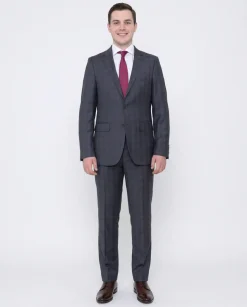 Slim Fit Gray With Blue Windowpane Two Button Wool Suit