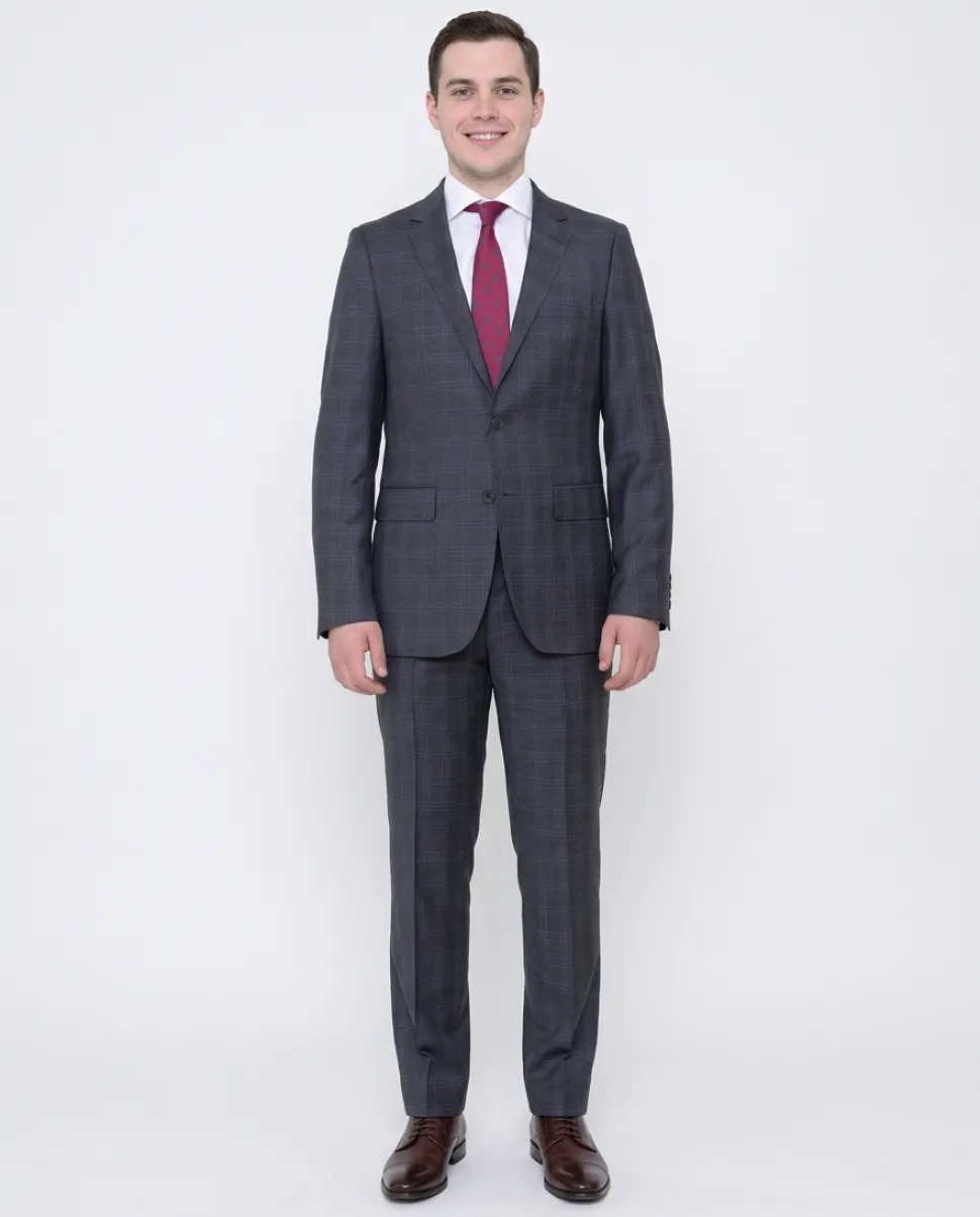 Slim Fit Gray With Blue Windowpane Two Button Wool Suit
