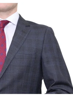 Slim Fit Gray With Blue Windowpane Two Button Wool Suit