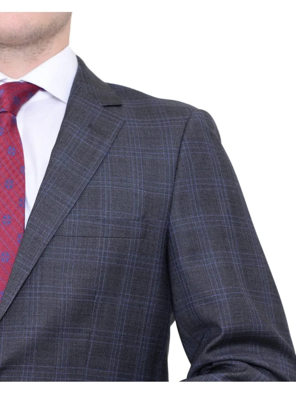 Slim Fit Gray With Blue Windowpane Two Button Wool Suit