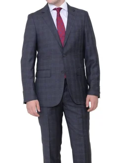 Slim Fit Gray With Blue Windowpane Two Button Wool Suit