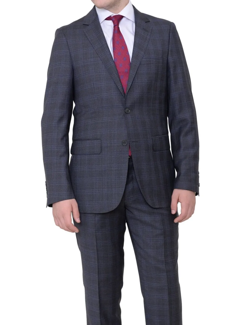 Slim Fit Gray With Blue Windowpane Two Button Wool Suit