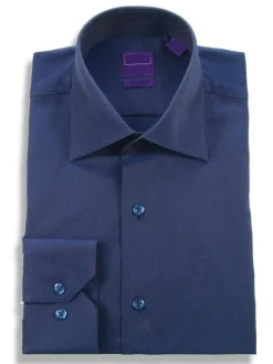 Slim Fit Navy Blue Diagonal Striped Cotton Dress Shirt