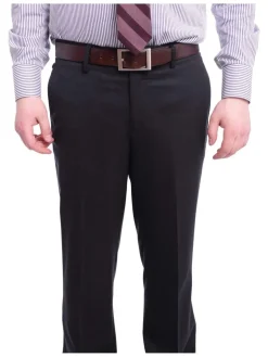 Slim Fit Solid Navy Blue Flat Front Wool Dress Pants