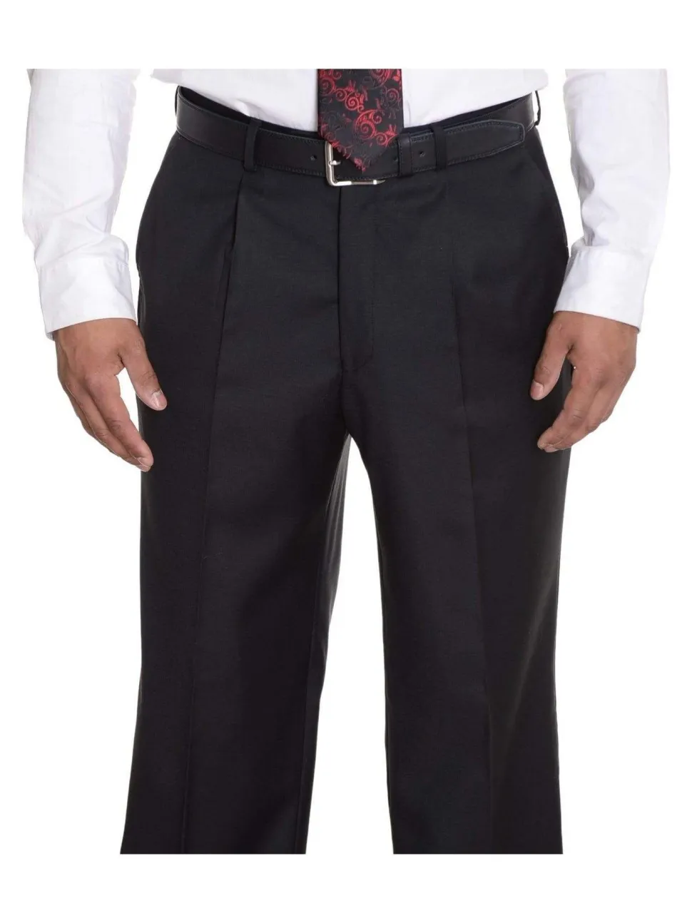 Solid Black Single Pleated Wrinkle Resistant Wool Dress Pants