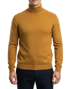 Solid Camel Pullover Cotton Blend Turtleneck Sweater