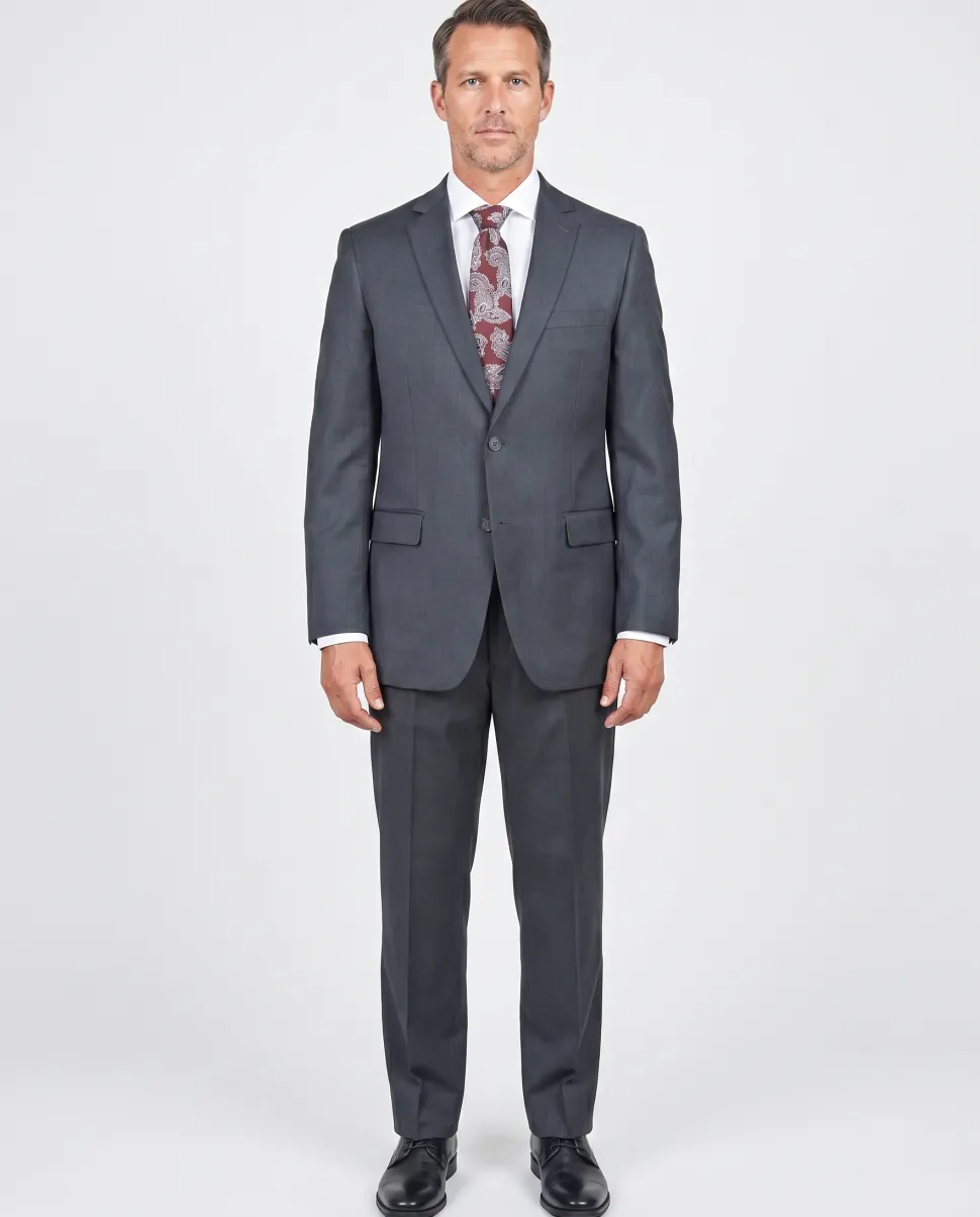 Solid Charcoal Gray Regular Fit 100% Wool 2 Piece Suit With Pleated Pants