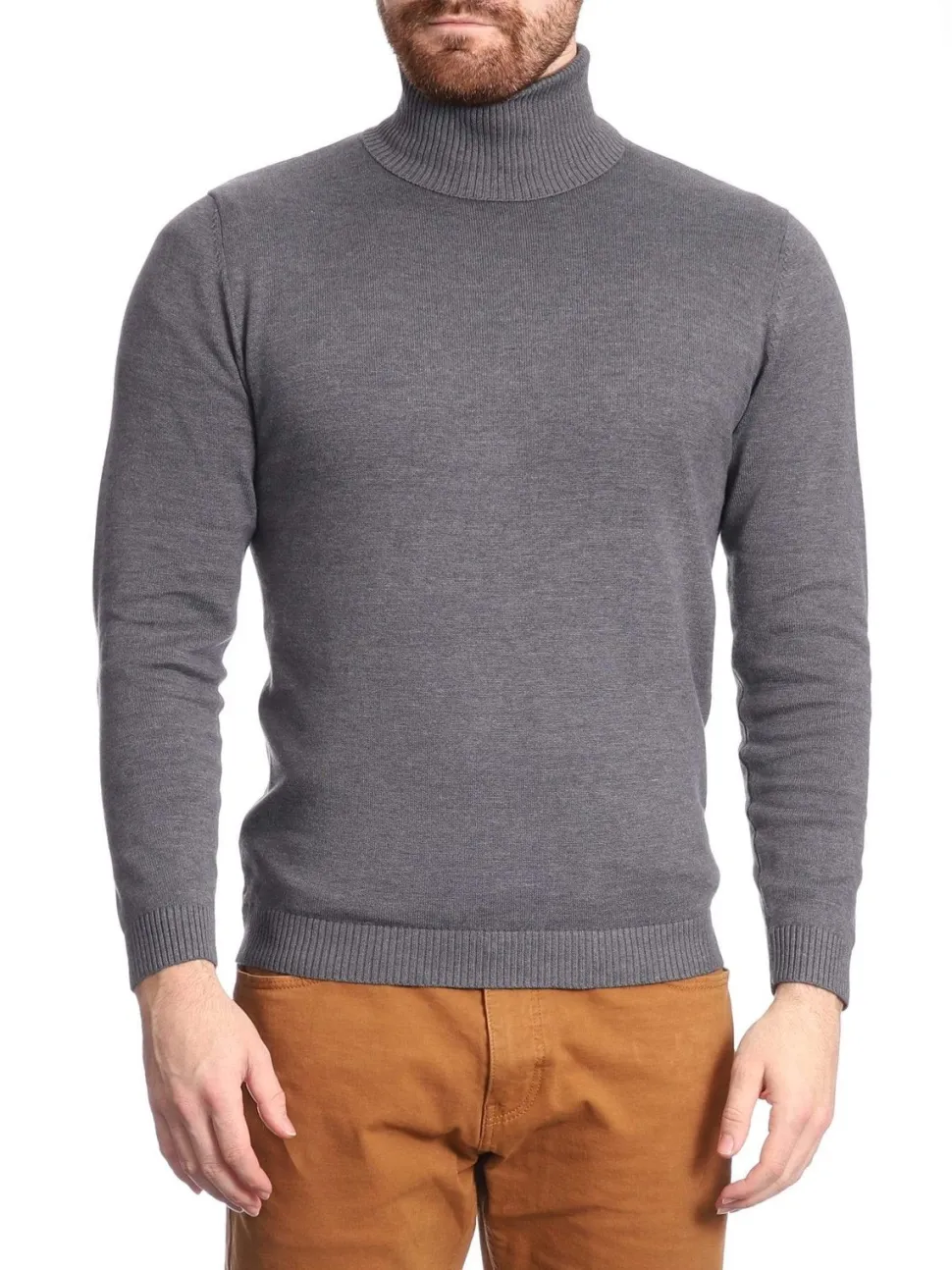 Solid Light Gray Pullover Cotton Blend Turtleneck Sweater