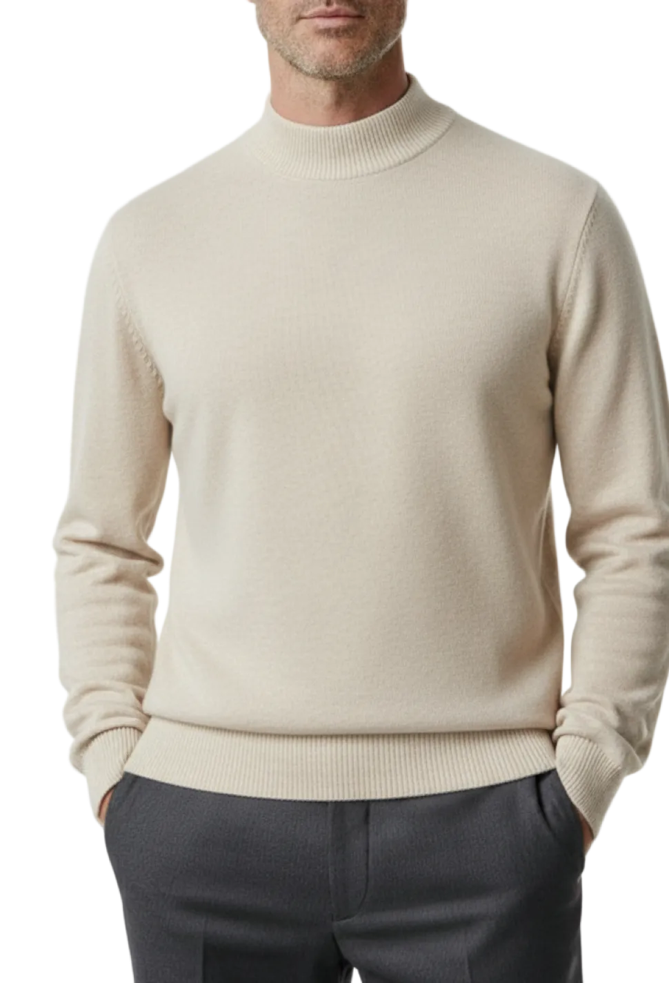 Solid Oatmeal Pullover Cotton Blend Mock Neck Sweater