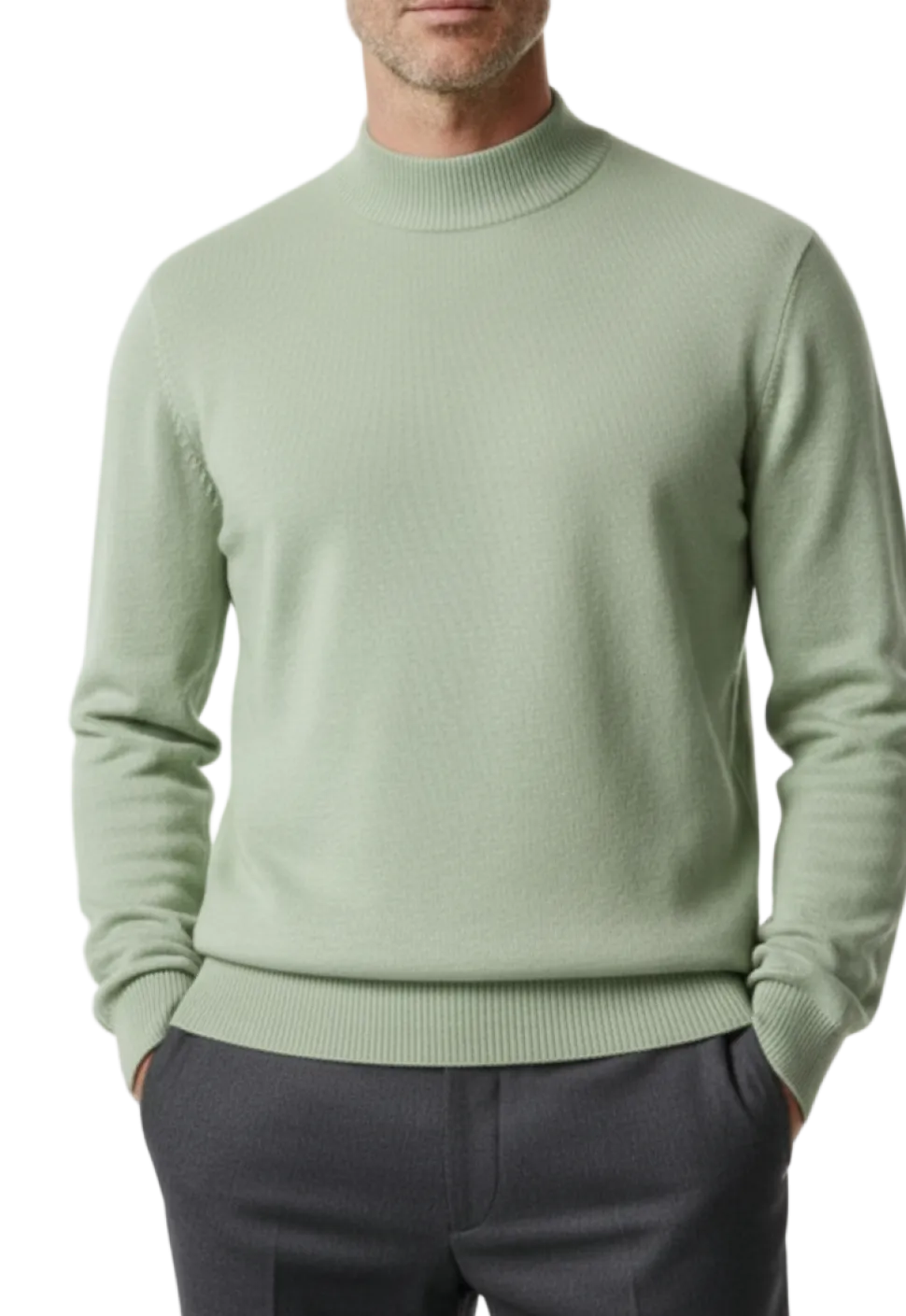 Solid Sage Green Pullover Cotton Blend Mock Neck Sweater