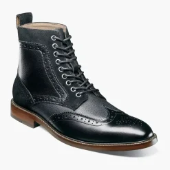 Stacy Adams Mens Finnegan Black Wingtip Lace-up Leather Dress Boot