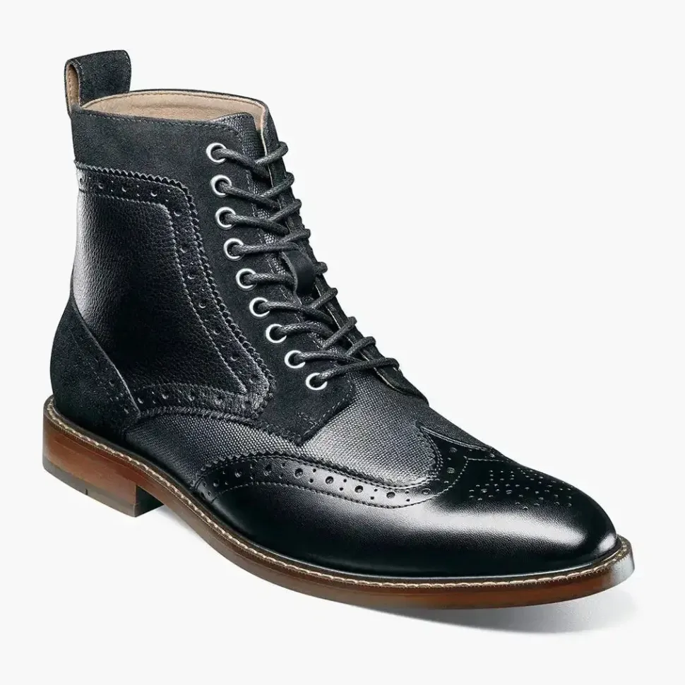 Stacy Adams Mens Finnegan Black Wingtip Lace-up Leather Dress Boot