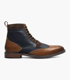 Stacy Adams Mens Finnegan Navy & Cognac Wingtip Lace-up Leather Dress Boot