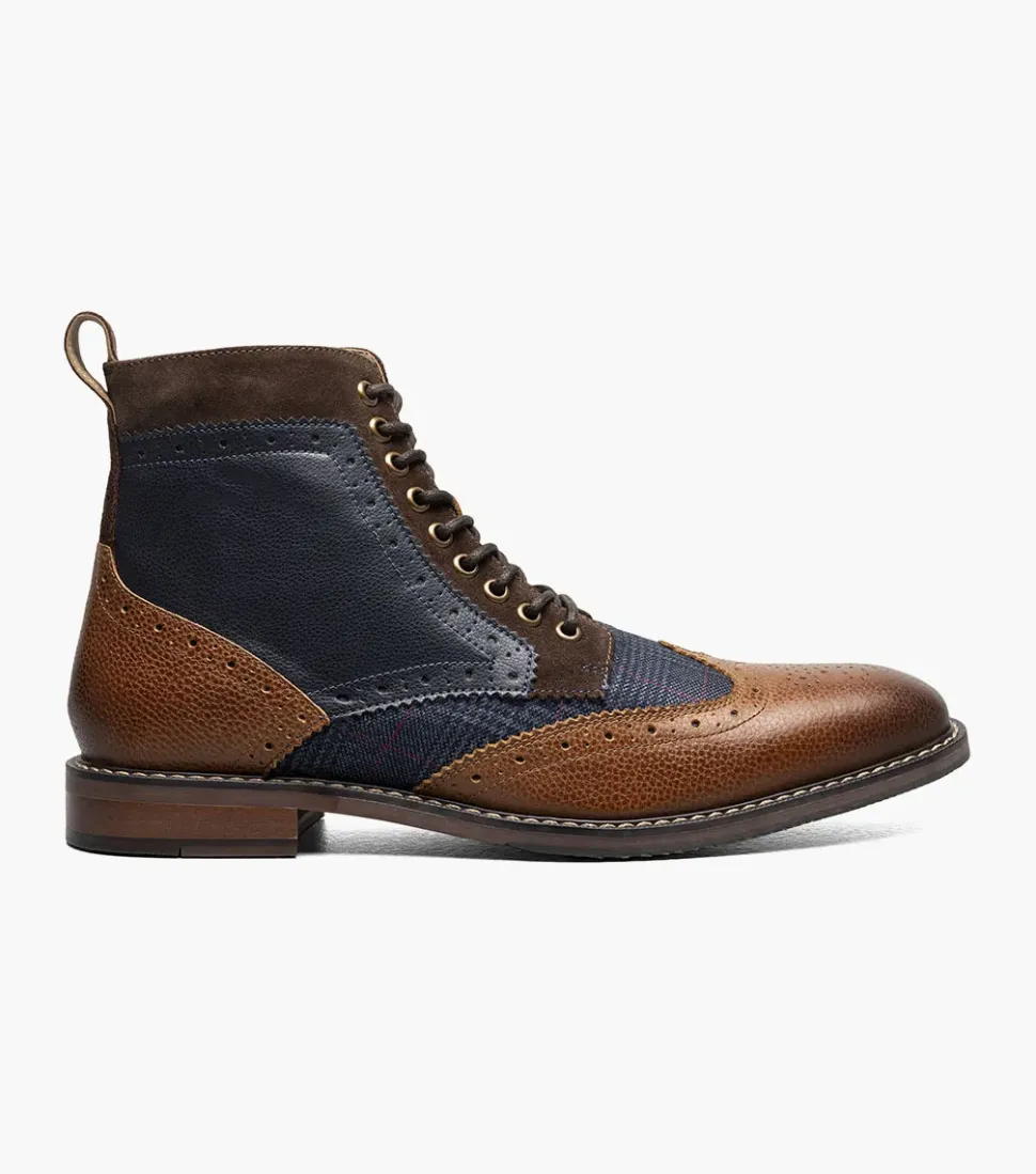 Stacy Adams Mens Finnegan Navy & Cognac Wingtip Lace-up Leather Dress Boot