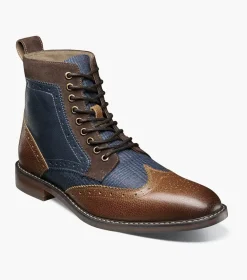 Stacy Adams Mens Finnegan Navy & Cognac Wingtip Lace-up Leather Dress Boot