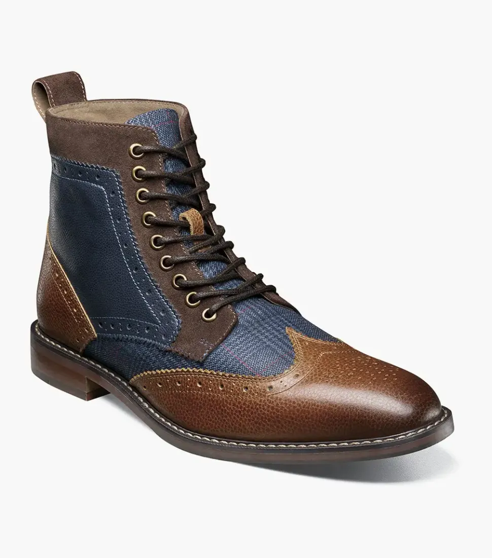 Stacy Adams Mens Finnegan Navy & Cognac Wingtip Lace-up Leather Dress Boot