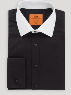 Steven Land Black Contrast Collar French Cuff Cotton Poplin Dress Shirt
