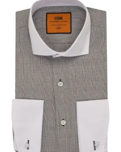 Steven Land Black Glen Check Spread Collar French Cuffs Wrinkle & Shrink Free Cotton Dress Shirt