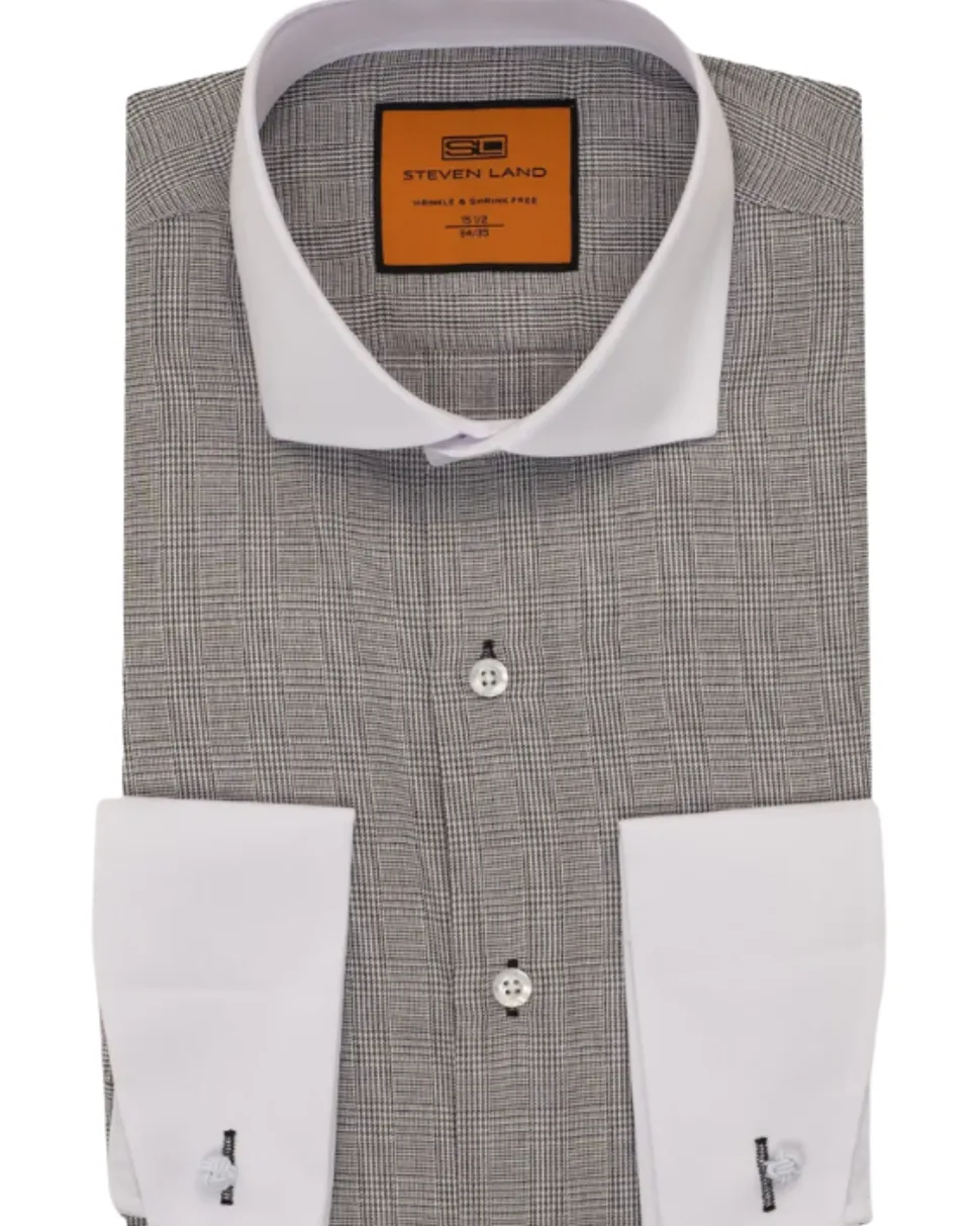 Steven Land Black Glen Check Spread Collar French Cuffs Wrinkle & Shrink Free Cotton Dress Shirt