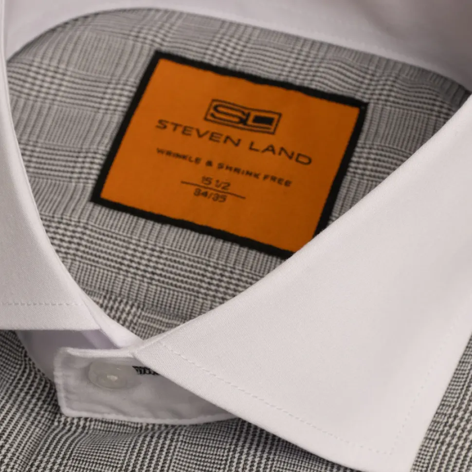 Steven Land Black Glen Check Spread Collar French Cuffs Wrinkle & Shrink Free Cotton Dress Shirt