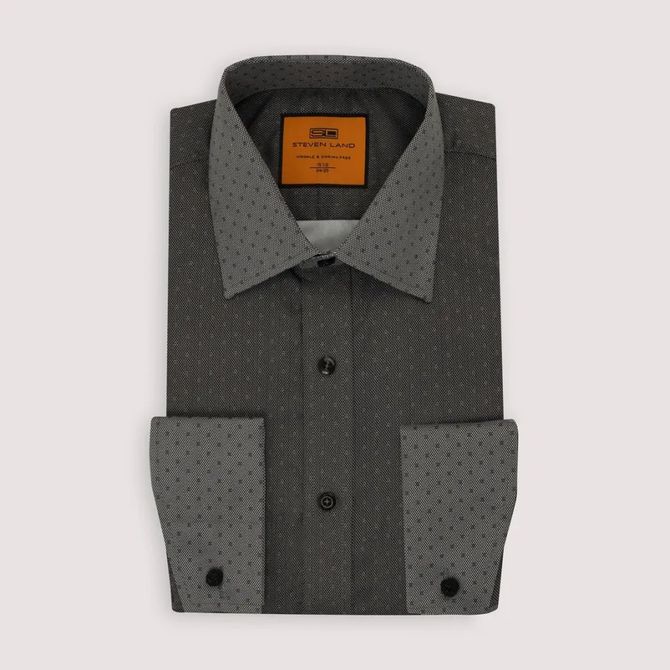 Steven Land Black Micro Geometric Regular Fit Spread Collar Wrinkle & Shrink Free Cotton Dress Shirt
