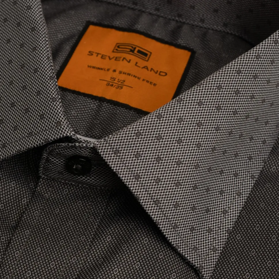 Steven Land Black Micro Geometric Regular Fit Spread Collar Wrinkle & Shrink Free Cotton Dress Shirt