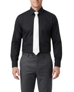 Steven Land Black Textured Spread Collar French Cuffs Non-Iron Tailored Fit Cotton Dress Shirt
