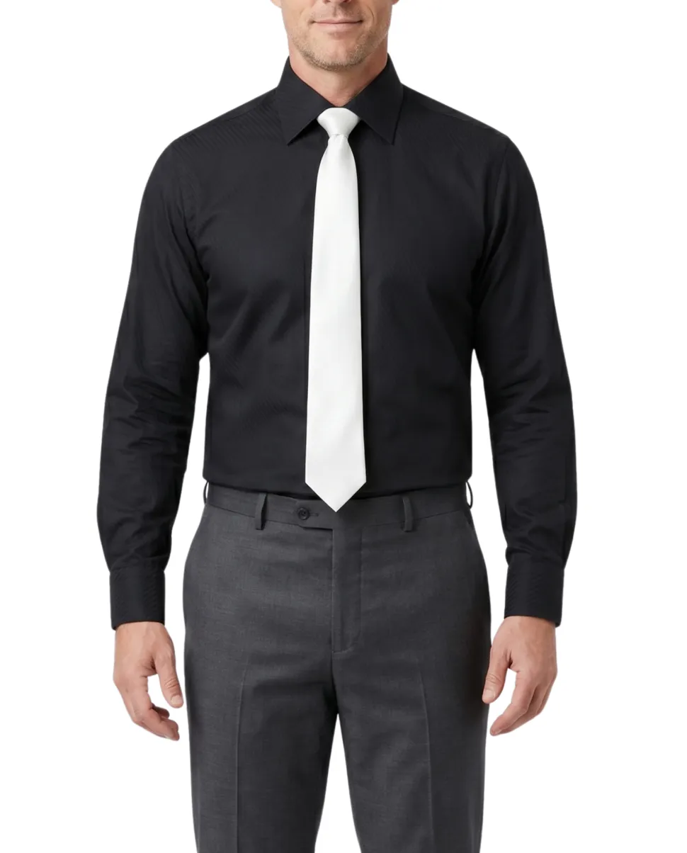Steven Land Black Textured Spread Collar French Cuffs Non-Iron Tailored Fit Cotton Dress Shirt