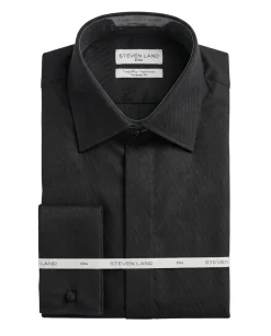 Steven Land Black Textured Spread Collar French Cuffs Non-Iron Tailored Fit Cotton Dress Shirt