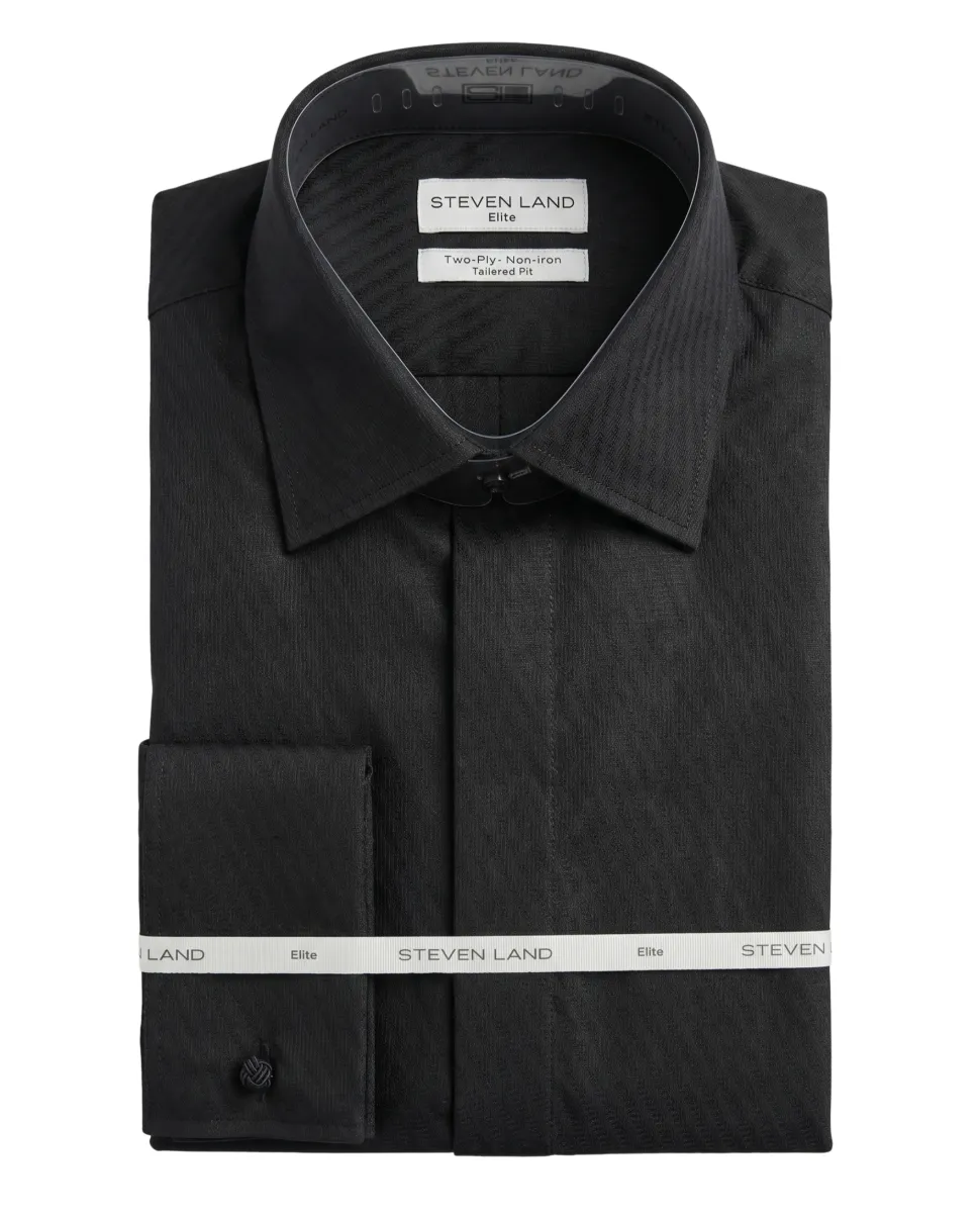 Steven Land Black Textured Spread Collar French Cuffs Non-Iron Tailored Fit Cotton Dress Shirt