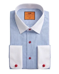 Steven Land Blue Glen Plaid Spread Collar French Cuffs Wrinkle & Shrink Free Cotton Dress Shirt